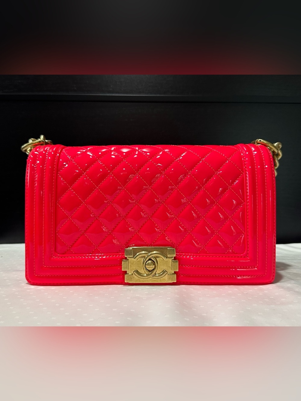CHANEL Patent Quilted Boy Bag - Bright Pink with Gold Hardware